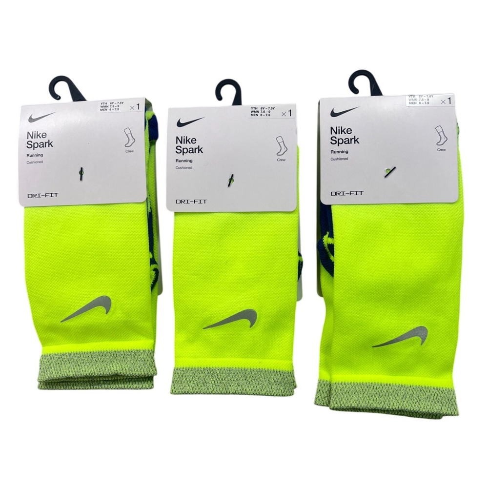 3 Pack Nike Spark Running Cushioned Crew‎ Socks Volt Yellow Blue M 6-7.5 W 7.5-9
